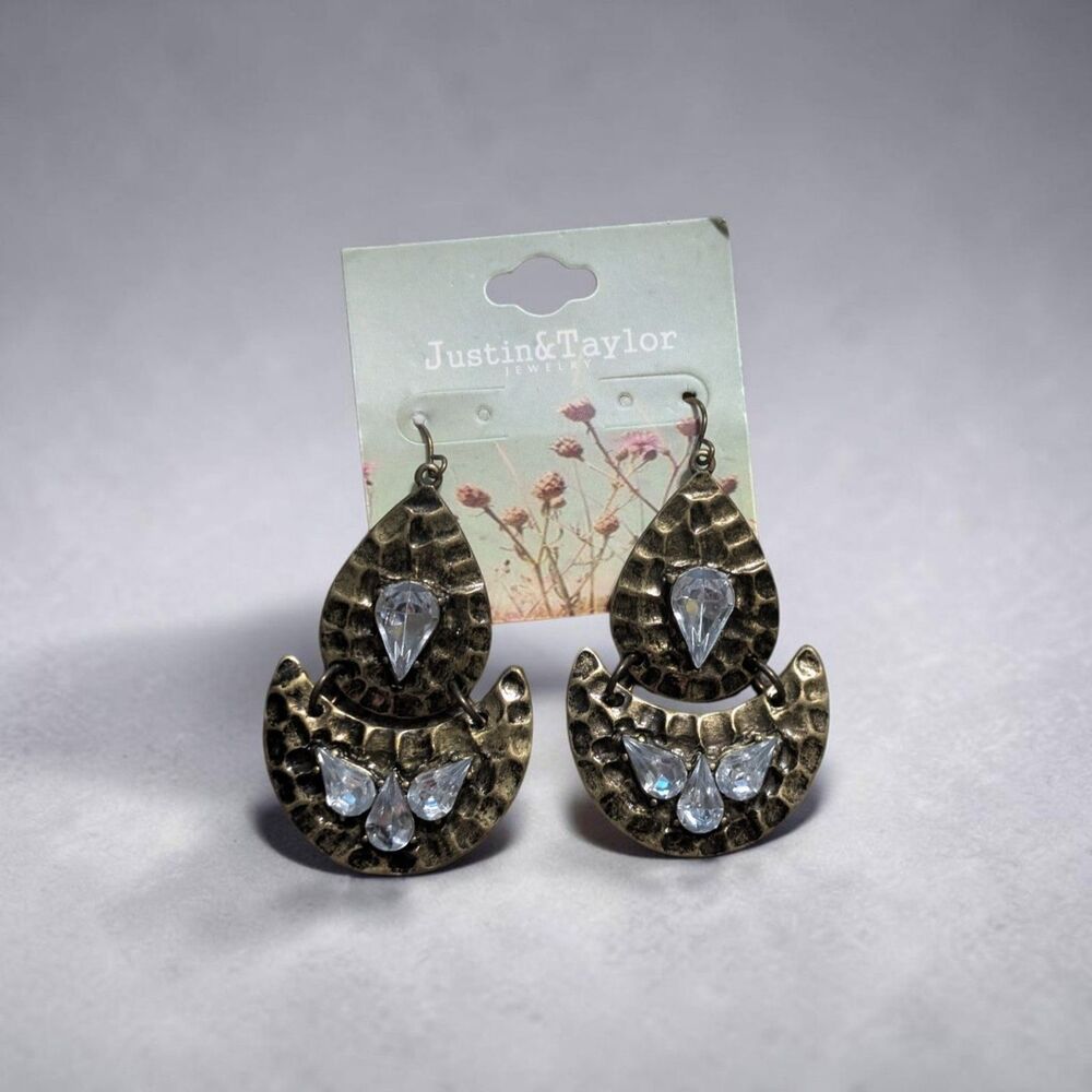 Justin & Taylor Gold Burnished Hammered Dangle Earrings, Boho Statement Jewelry